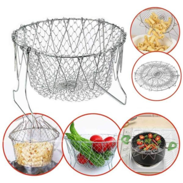 Premium Stainless Steel Multi-Function Foldable Chef Basket – Versatile Kitchen Colander, Mesh Steamer, Rinse, Strain & Fry Basket for Deep Frying - Image 4