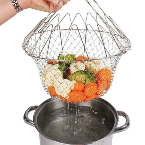 Premium Stainless Steel Multi-Function Foldable Chef Basket – Versatile Kitchen Colander, Mesh Steamer, Rinse, Strain & Fry Basket for Deep Frying - Image 7