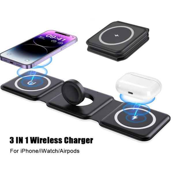 3-in-1 Wireless Charger with Foldable Design for iPhone, Apple Watch, and AirPods – Fast Charging, Magnetic Stand, and Safety Protection - Image 3